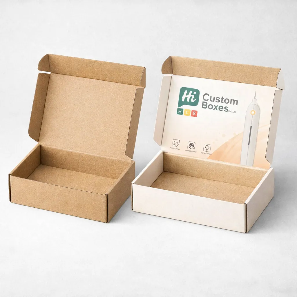 Two open cardboard mailer boxes, one plain brown and one with custom white and peach branding. class=